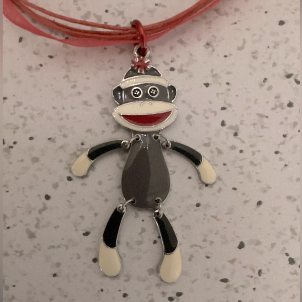 Sock Monkey on red ribbon necklace/choker